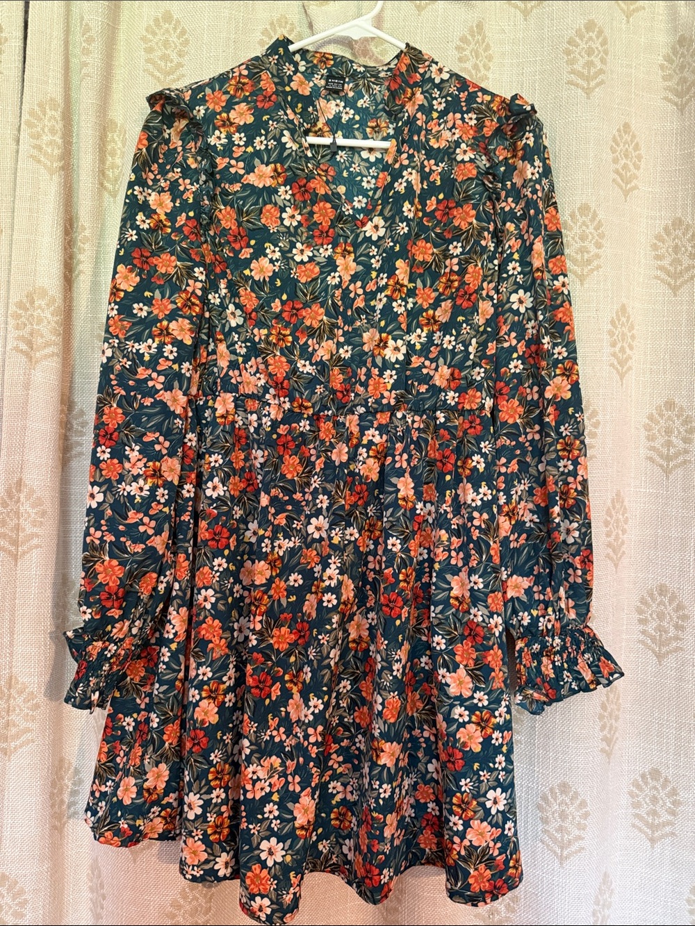 SHEIN Dark Green Floral Long Sleeve Skater Dress